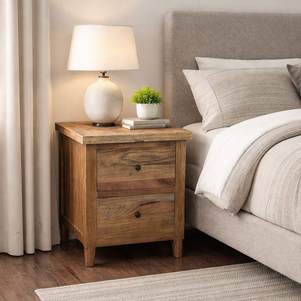 MORO RUSTIC RECYCLED ELM  2 DRAWER BEDSIDE TABLE PARQUETRY TOP 50CM - MyChocolateWood