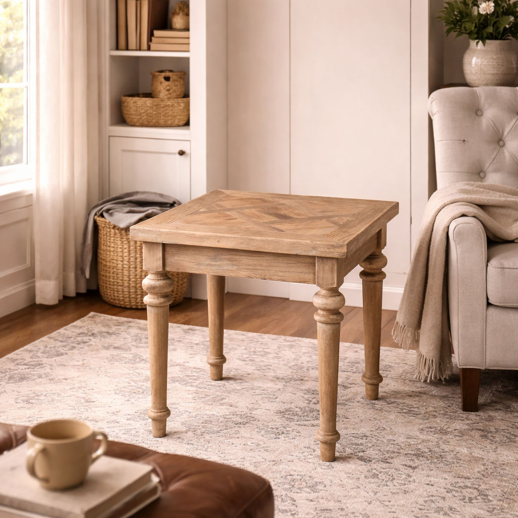 MORO RUSTIC RECYCLED ELM SIDE TABLE/ LAMP TABLE - PARQUETRY TOP 55CM - MyChocolateWood