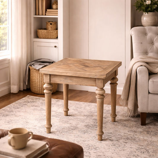 MORO RUSTIC RECYCLED ELM SIDE TABLE/ LAMP TABLE - PARQUETRY TOP 55CM - MyChocolateWood
