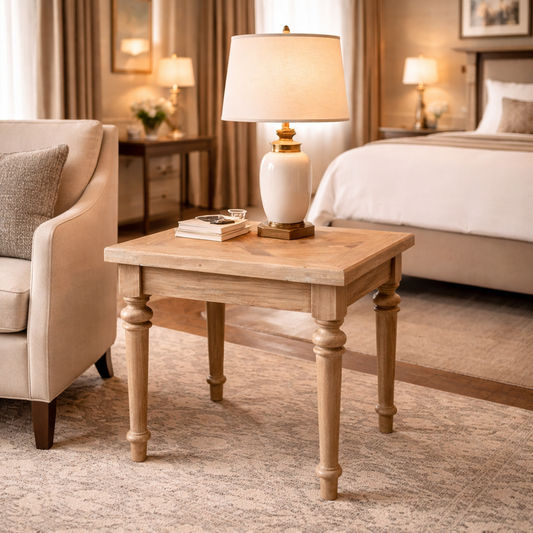 MORO RUSTIC RECYCLED ELM SIDE TABLE/ LAMP TABLE - PARQUETRY TOP 55CM - MyChocolateWood