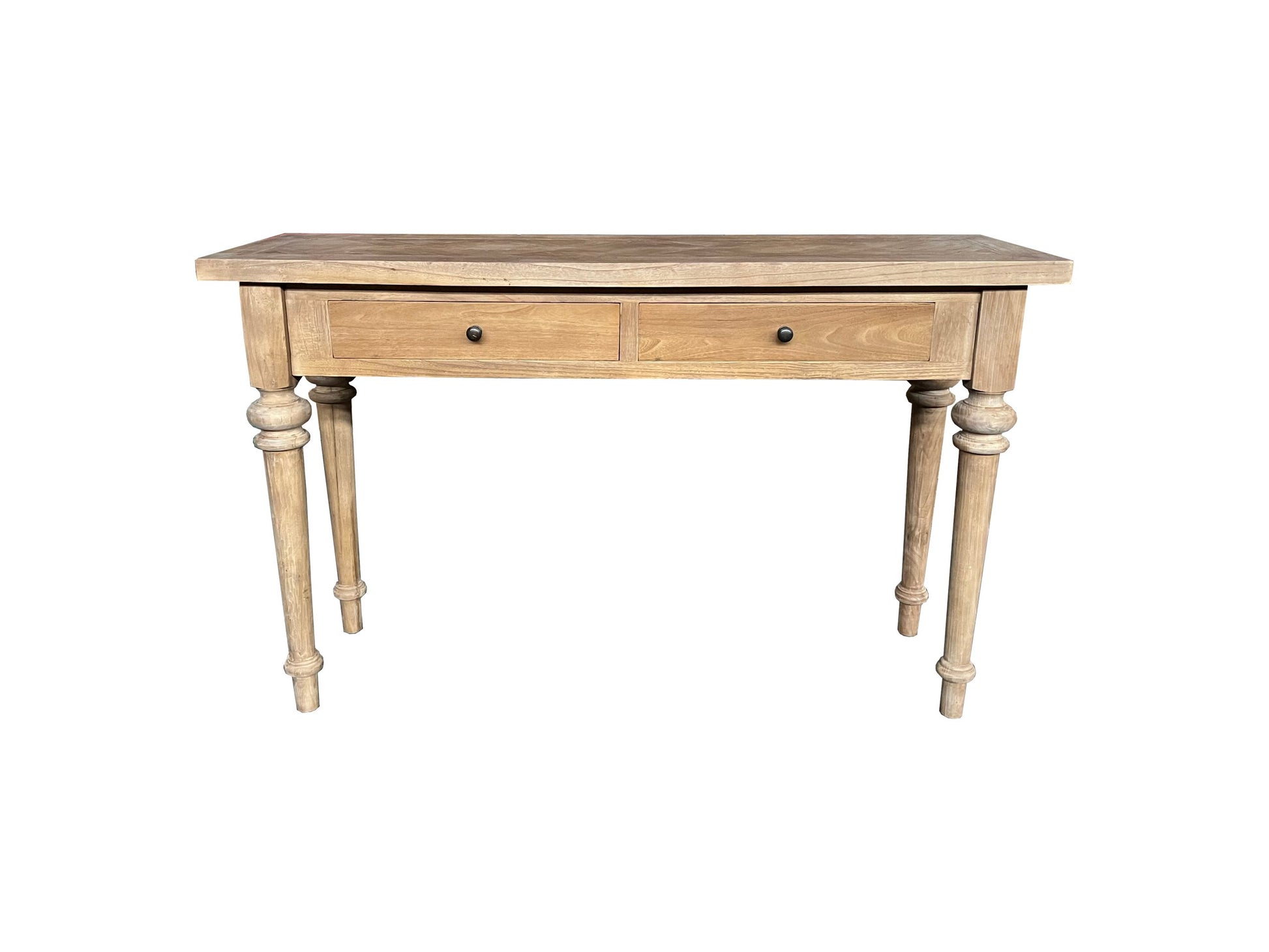 MORO RECYCLED ELM RUSTIC CONSOLE/HALL TABLE 2 DRAWERS PARQUETRY TOP 140CM - MyChocolateWood
