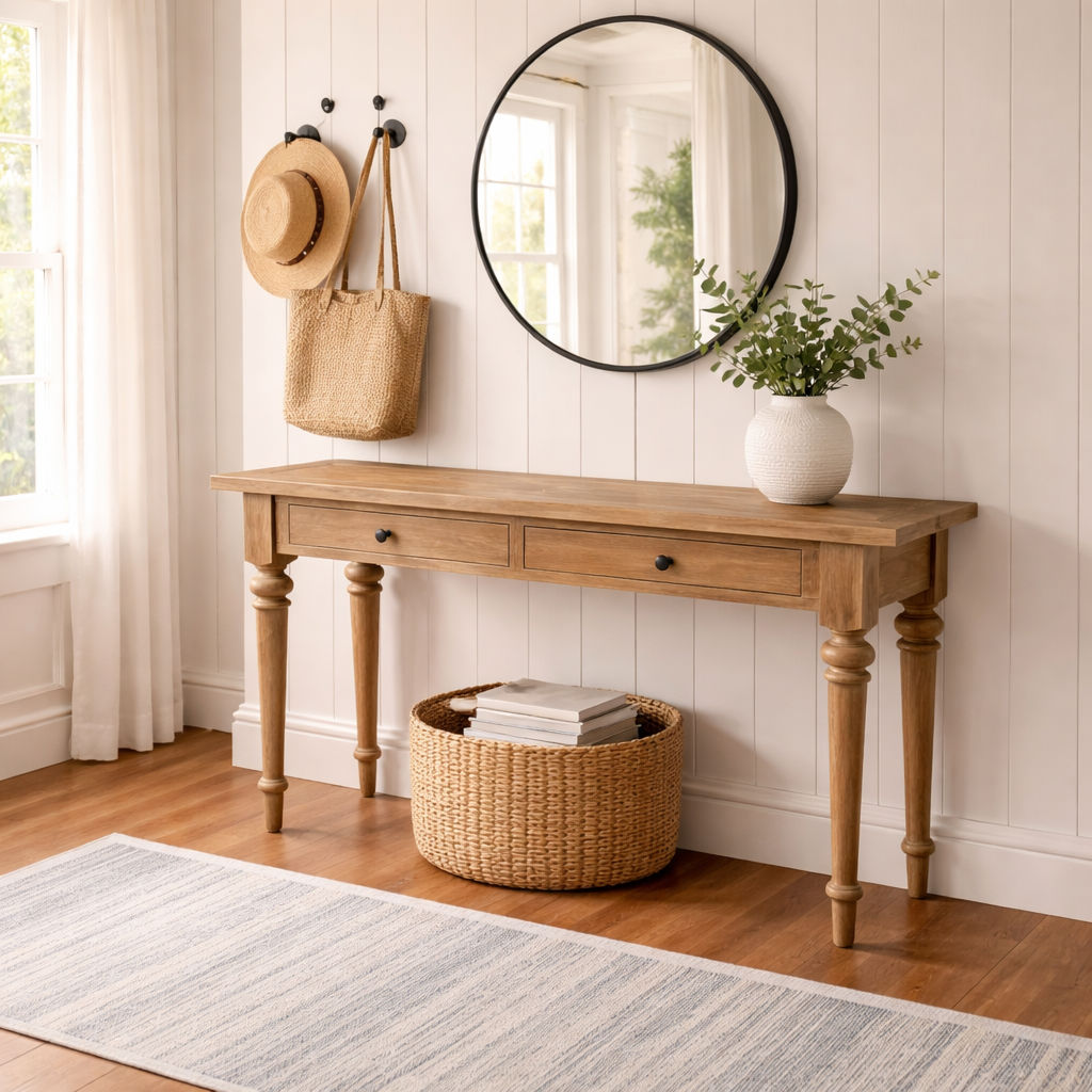 MORO RECYCLED ELM RUSTIC CONSOLE/HALL TABLE 2 DRAWERS PARQUETRY TOP 140CM - MyChocolateWood