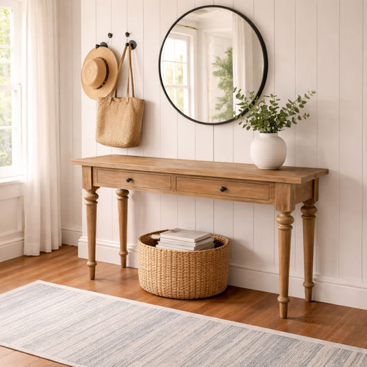 MORO RECYCLED ELM RUSTIC CONSOLE/HALL TABLE 2 DRAWERS PARQUETRY TOP 140CM - MyChocolateWood