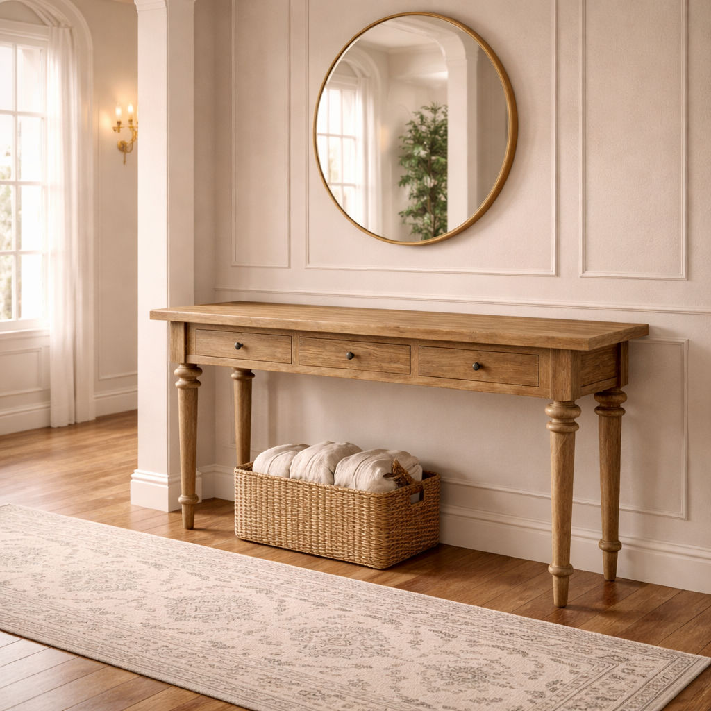 MORO RECYCLED ELM RUSTIC CONSOLE/HALL TABLE 3 DRAWERS PARQUETRY TOP 180CM - MyChocolateWood