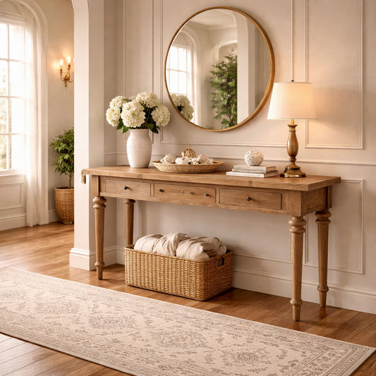 MORO RECYCLED ELM RUSTIC CONSOLE/HALL TABLE 3 DRAWERS PARQUETRY TOP 180CM - MyChocolateWood