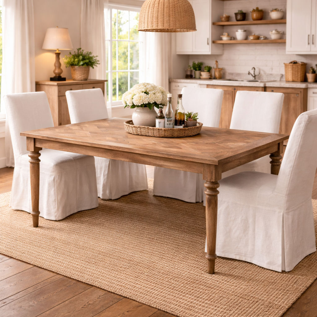 MORO RECYCLED ELM RUSTIC DINING TABLE PARQUETRY TOP - 2 SIZES - MyChocolateWood