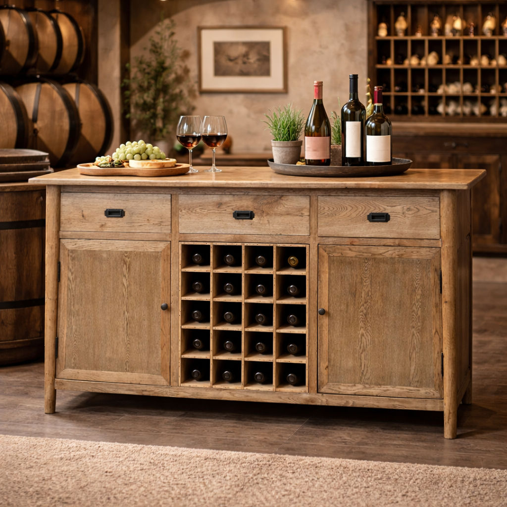 FITAN SOLID OAK SIDEBOARD/BUFFETW/ 20 BOTTLE WINE RACK 3 DRAWER 2-DOOR 180CM - MyChocolateWood