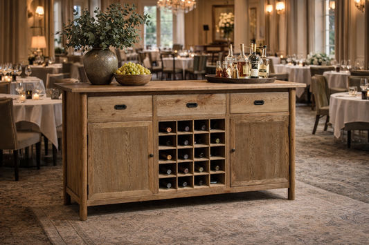 FITAN SOLID OAK SIDEBOARD/BUFFETW/ 20 BOTTLE WINE RACK 3 DRAWER 2-DOOR 180CM - MyChocolateWood