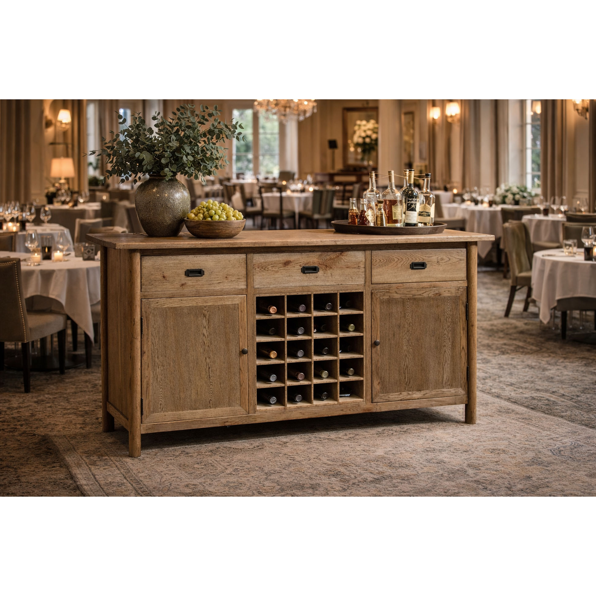 Fitan Solid Oak Sideboard / Buffet with 20 Bottle Wine Rack 180cm - Chocolate Wood