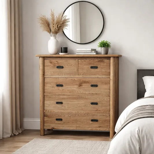 Solid oak 5-drawer chest of drawers by MyChocolateWood, featuring a natural wood finish and sleek design.