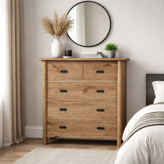 Solid oak 5-drawer chest of drawers by MyChocolateWood, featuring a natural wood finish and sleek design.