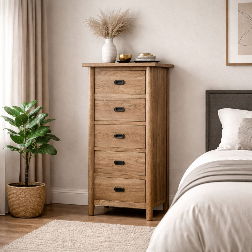FITAN SOLID OAK 5-DRAWER NARROW TALLBOY 5 DRAWERS NATURAL - MyChocolateWood