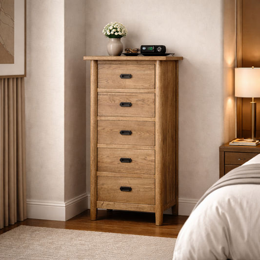 FITAN SOLID OAK 5-DRAWER NARROW TALLBOY 5 DRAWERS NATURAL - MyChocolateWood
