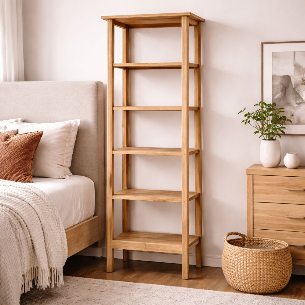 FITAN SOLID OAK SKINNY 5-SHELF BOOKCASE BOOKSHELF/DISPLAY SHELVES - MyChocolateWood