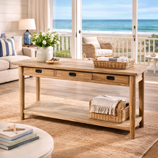 FITAN SOLID OAK  3-DRAWER CONSOLE TABLE/HALL TABLE 160CM NATURAL - MyChocolateWood