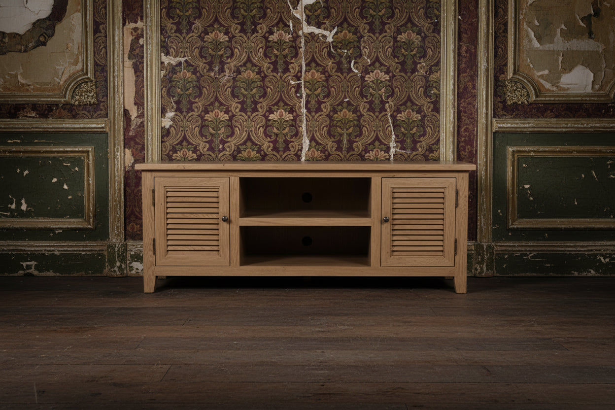 PALM BEACH LOUVRE STYLE TV UNIT SOLID OAK 2 DOORS AND 2 SHELVES - MyChocolateWood