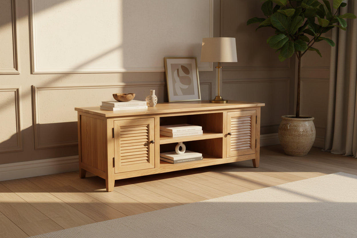 PALM BEACH LOUVRE STYLE TV UNIT SOLID OAK 2 DOORS AND 2 SHELVES - MyChocolateWood