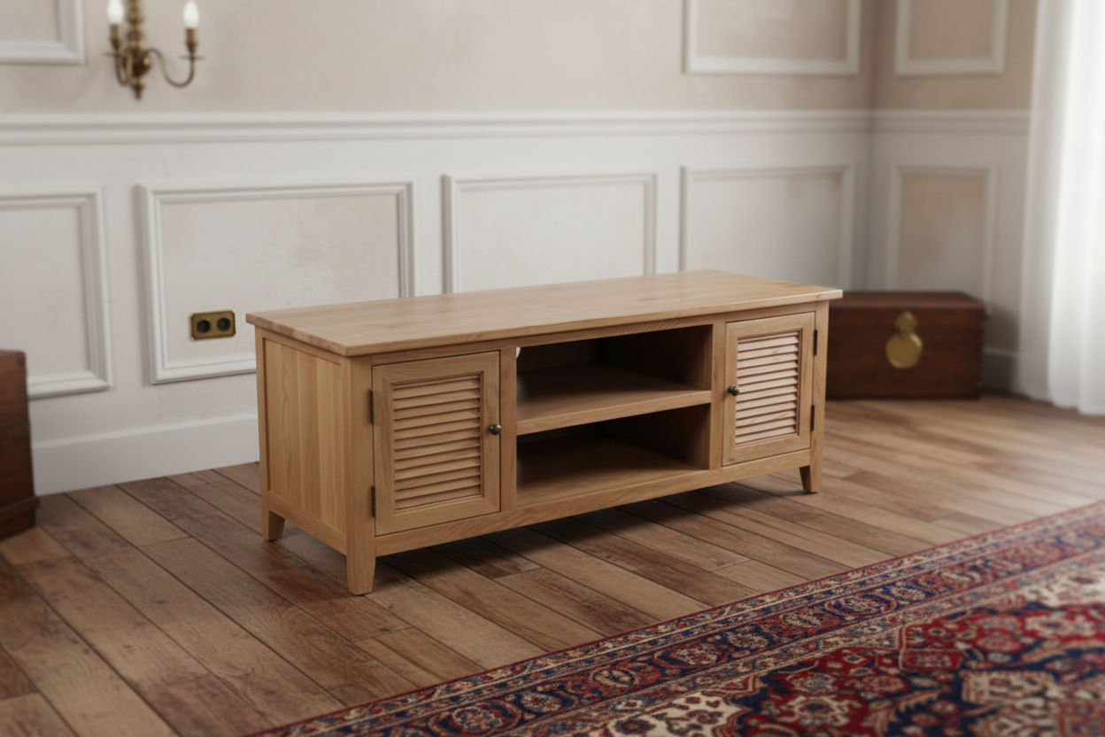 PALM BEACH LOUVRE STYLE TV UNIT SOLID OAK 2 DOORS AND 2 SHELVES - MyChocolateWood