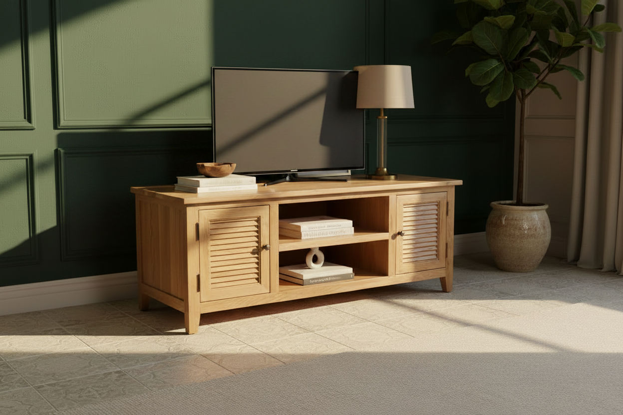 PALM BEACH LOUVRE STYLE TV UNIT SOLID OAK 2 DOORS AND 2 SHELVES - MyChocolateWood
