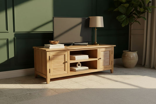 PALM BEACH LOUVRE STYLE TV UNIT SOLID OAK 2 DOORS AND 2 SHELVES - MyChocolateWood