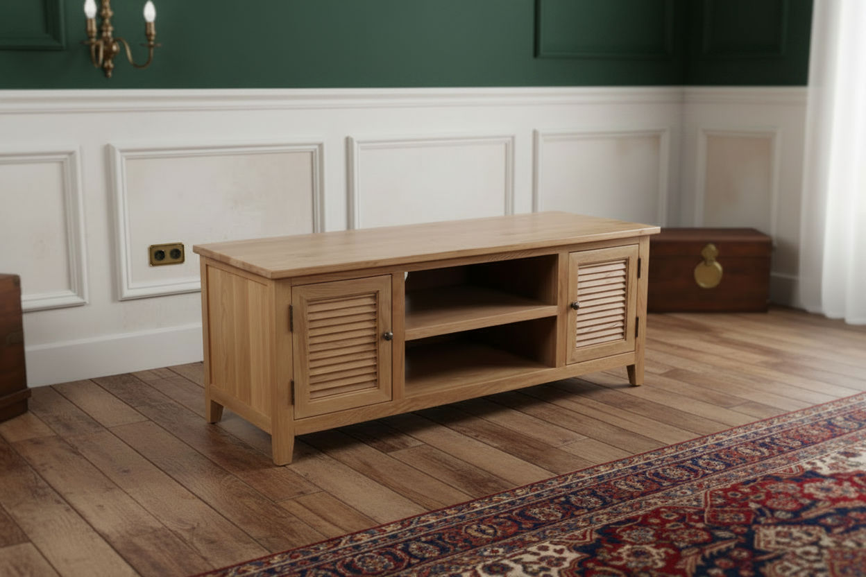 PALM BEACH LOUVRE STYLE TV UNIT SOLID OAK 2 DOORS AND 2 SHELVES - MyChocolateWood
