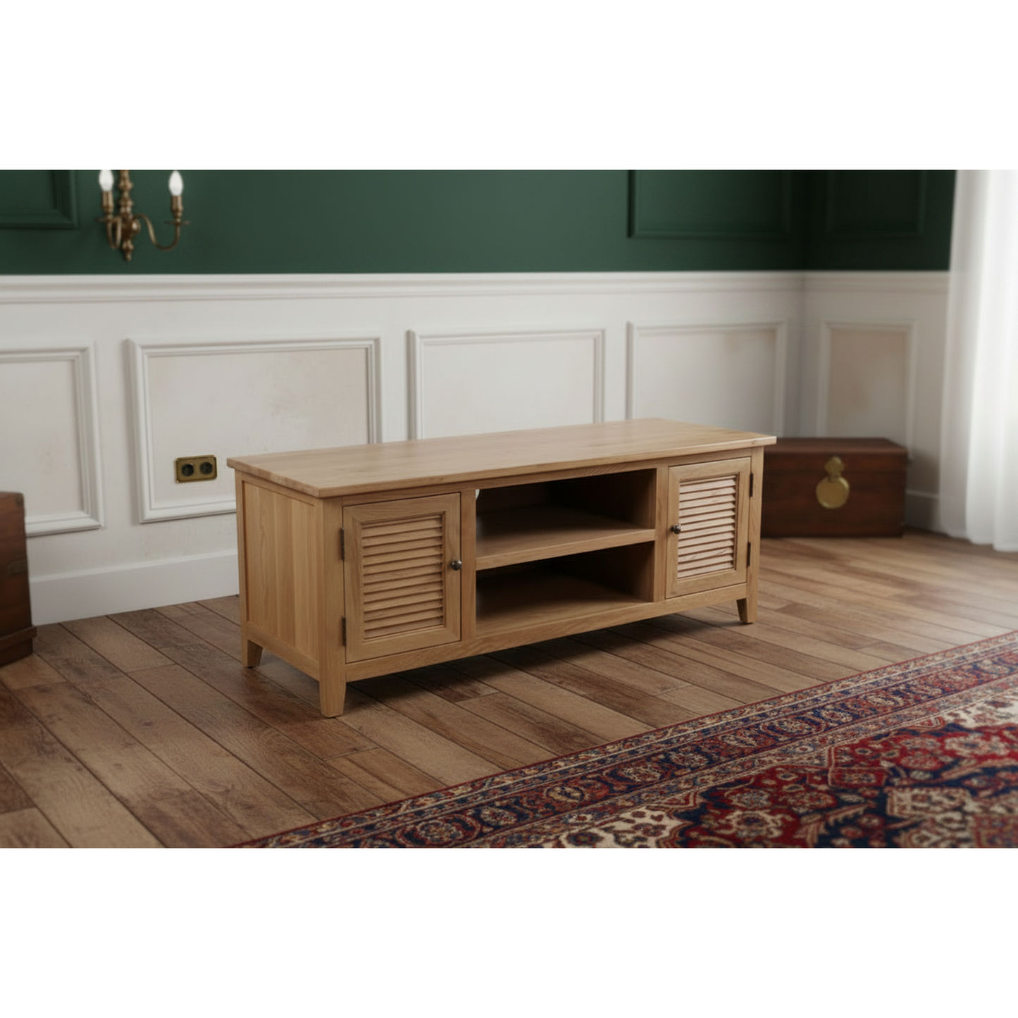 PALM BEACH LOUVRE STYLE TV UNIT SOLID OAK 2 DOORS AND 2 SHELVES