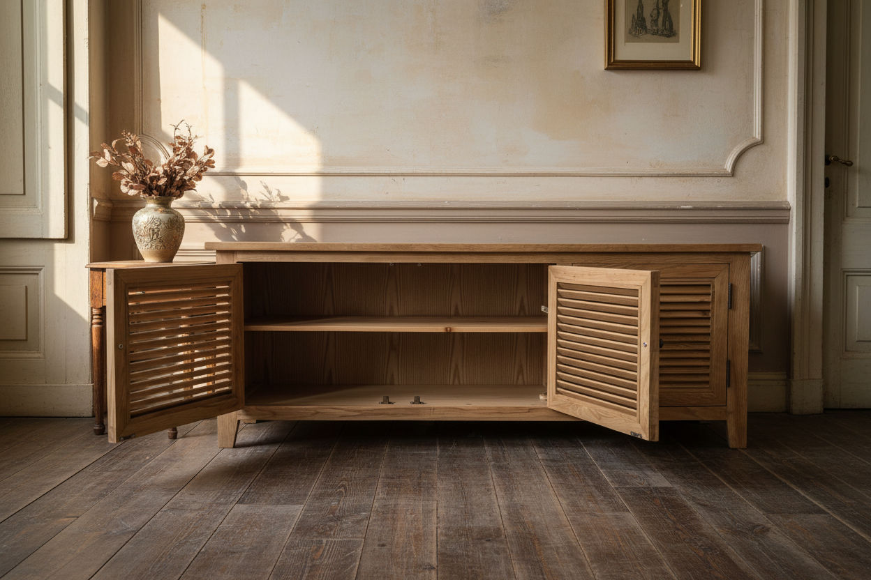 PALM BEACH TV/ENTERTAINMENT UNIT 3 DOORS LOUVRE STYLE IN SOLID OAK - MyChocolateWood