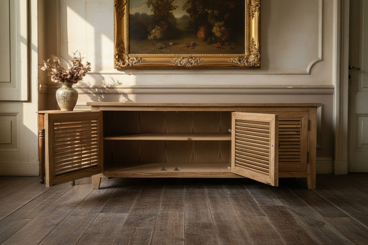 PALM BEACH TV/ENTERTAINMENT UNIT 3 DOORS LOUVRE STYLE IN SOLID OAK - MyChocolateWood