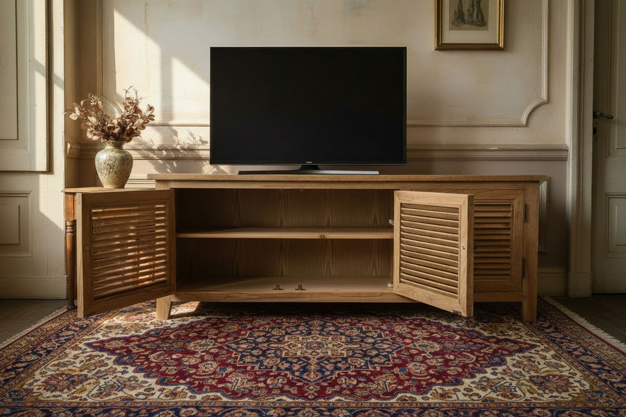 PALM BEACH TV/ENTERTAINMENT UNIT 3 DOORS LOUVRE STYLE IN SOLID OAK - MyChocolateWood
