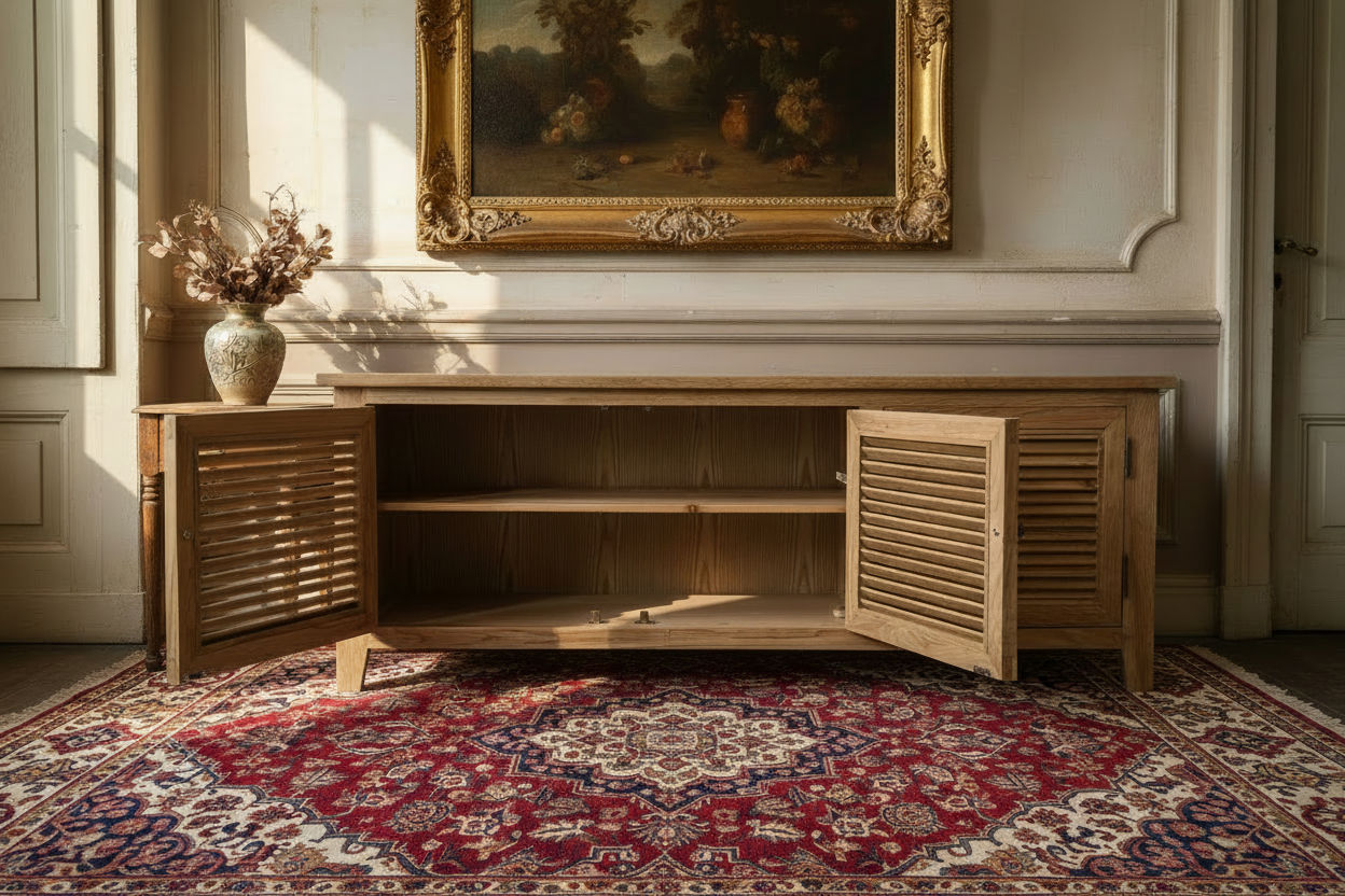 PALM BEACH TV/ENTERTAINMENT UNIT 3 DOORS LOUVRE STYLE IN SOLID OAK - MyChocolateWood