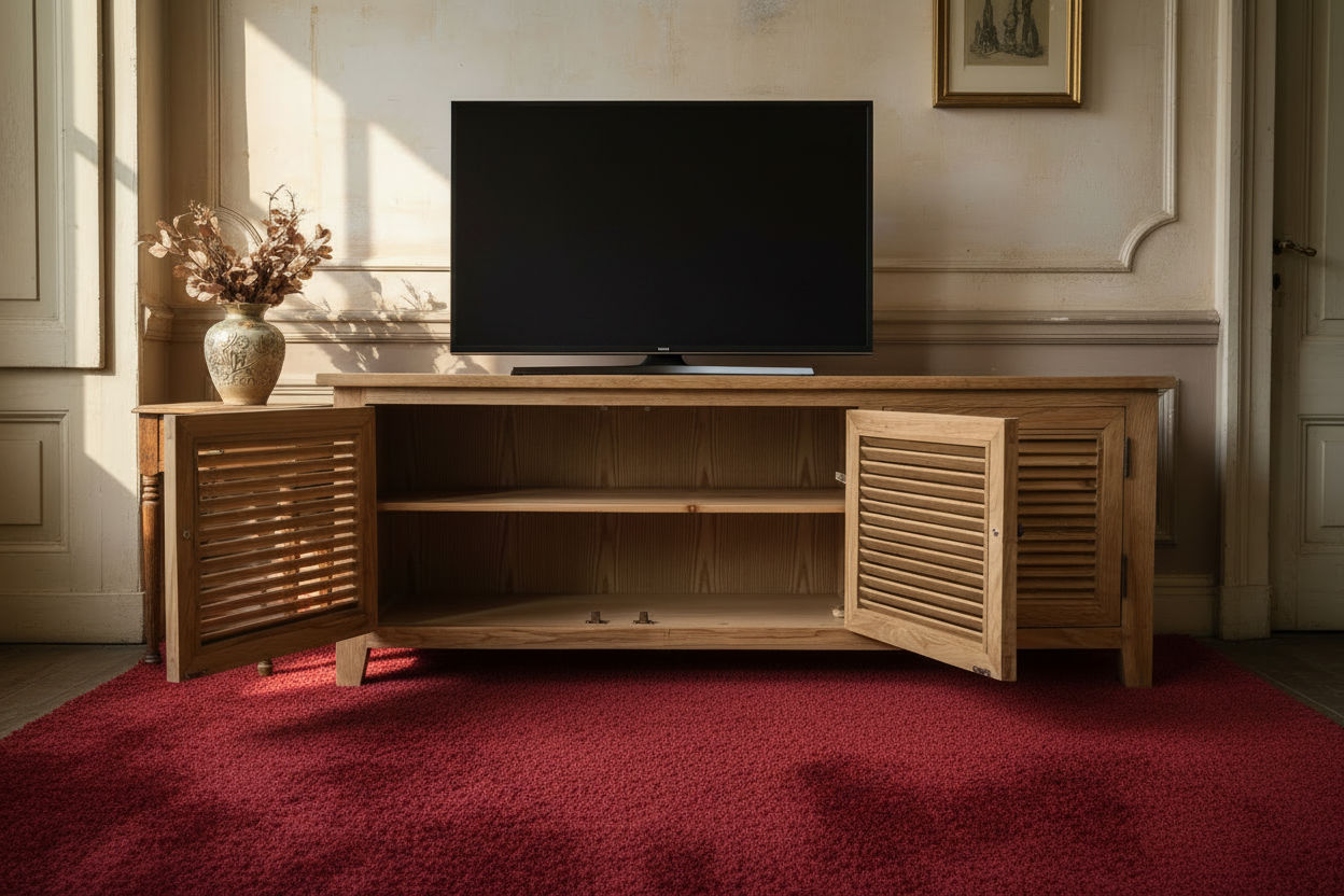 PALM BEACH TV/ENTERTAINMENT UNIT 3 DOORS LOUVRE STYLE IN SOLID OAK - MyChocolateWood