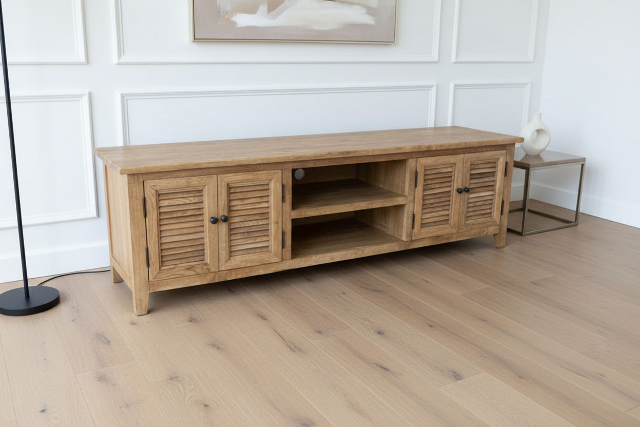 PALM BEACH LOUVRE STYLE TV/ENTERTAINMENT UNIT 4 DOORS & 2 SHELVES SOLID OAK - MyChocolateWood