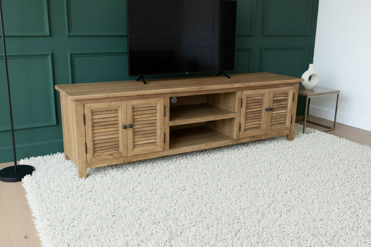 PALM BEACH LOUVRE STYLE TV/ENTERTAINMENT UNIT 4 DOORS & 2 SHELVES SOLID OAK - MyChocolateWood