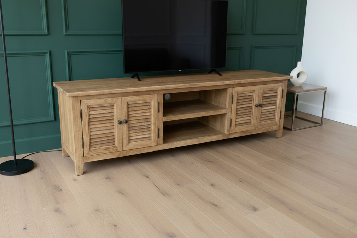 PALM BEACH LOUVRE STYLE TV/ENTERTAINMENT UNIT 4 DOORS & 2 SHELVES SOLID OAK - MyChocolateWood