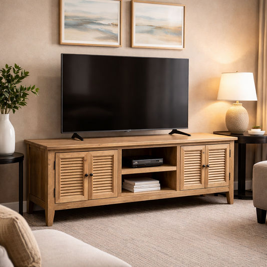 PALM BEACH LOUVRE STYLE TV/ENTERTAINMENT UNIT 4 DOORS & 2 SHELVES SOLID OAK - MyChocolateWood