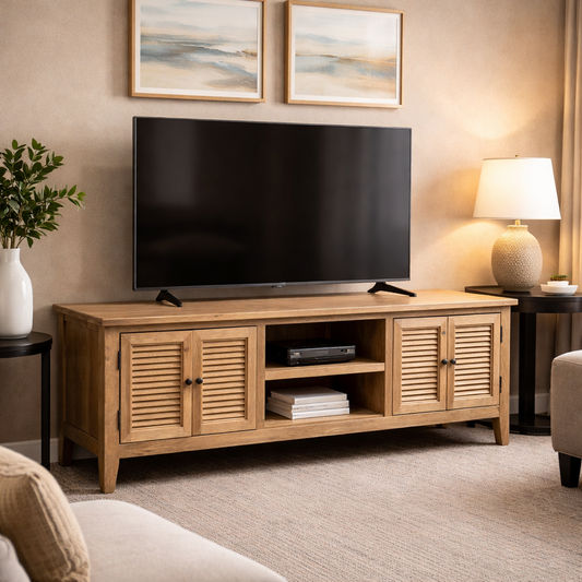 PALM BEACH LOUVRE STYLE TV/ENTERTAINMENT UNIT 4 DOORS & 2 SHELVES SOLID OAK - MyChocolateWood