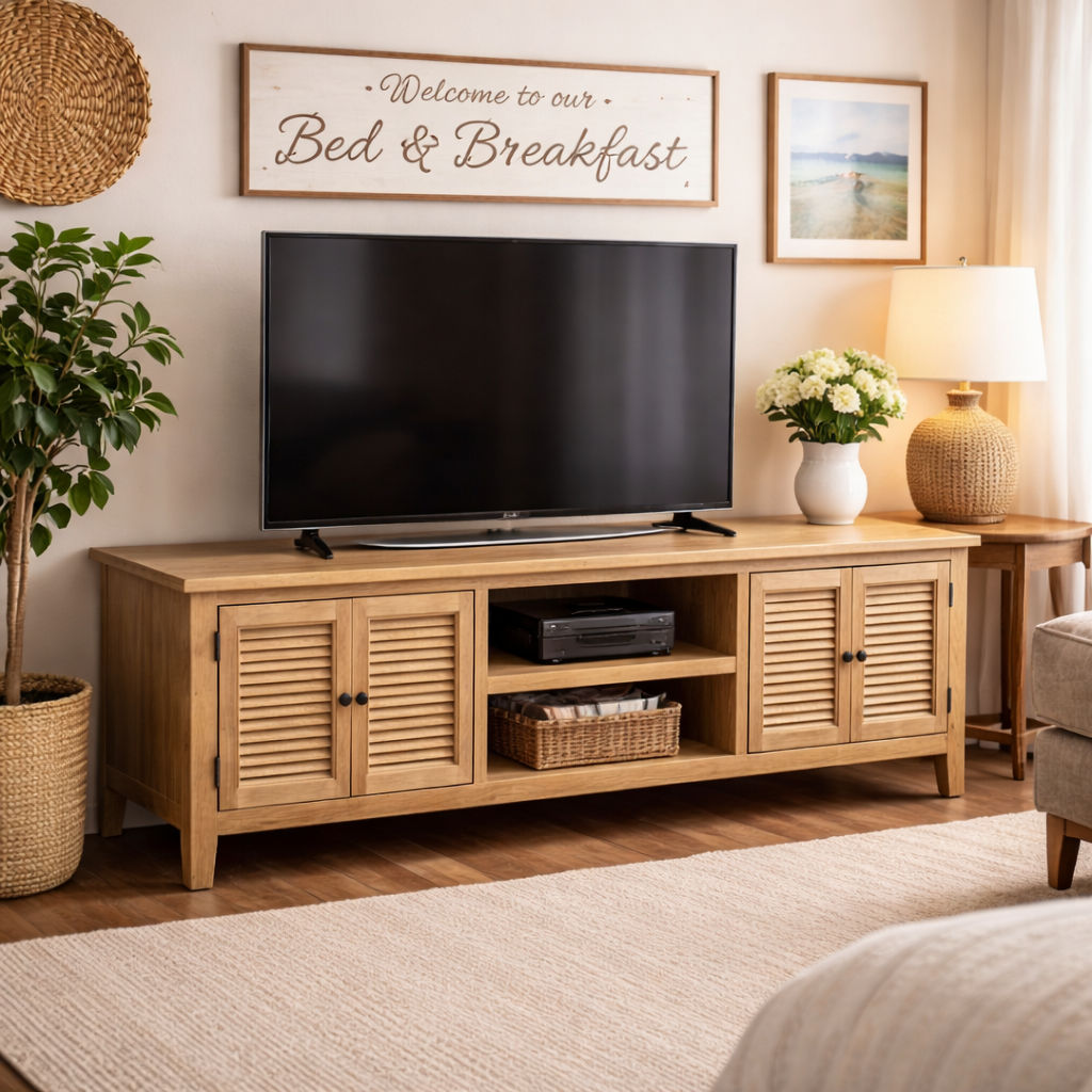 PALM BEACH LOUVRE STYLE TV/ENTERTAINMENT UNIT 4 DOORS & 2 SHELVES SOLID OAK - MyChocolateWood
