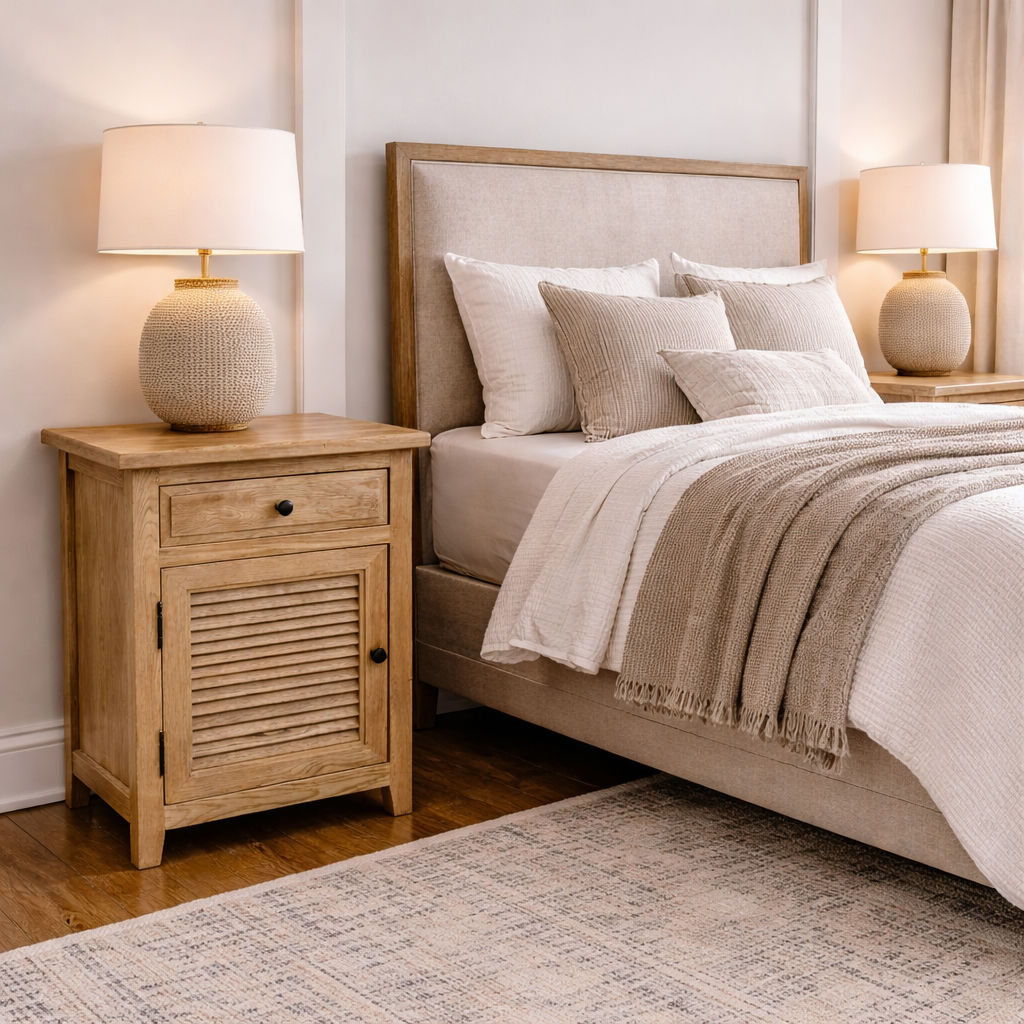2 X PALM BEACH SOLID OAK LOUVRE STYLE BEDSIDE TABLE 1 DRAWER & 1 DOOR - MyChocolateWood