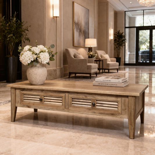 PALM BEACH 2 DRAWER COFFEE TABLE LOUVRE STYLE IN SOLID OAK - MyChocolateWood