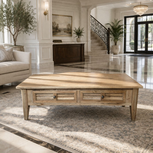 PALM BEACH 2 DRAWER COFFEE TABLE LOUVRE STYLE IN SOLID OAK - MyChocolateWood