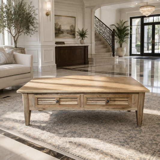 PALM BEACH 2 DRAWER COFFEE TABLE LOUVRE STYLE IN SOLID OAK