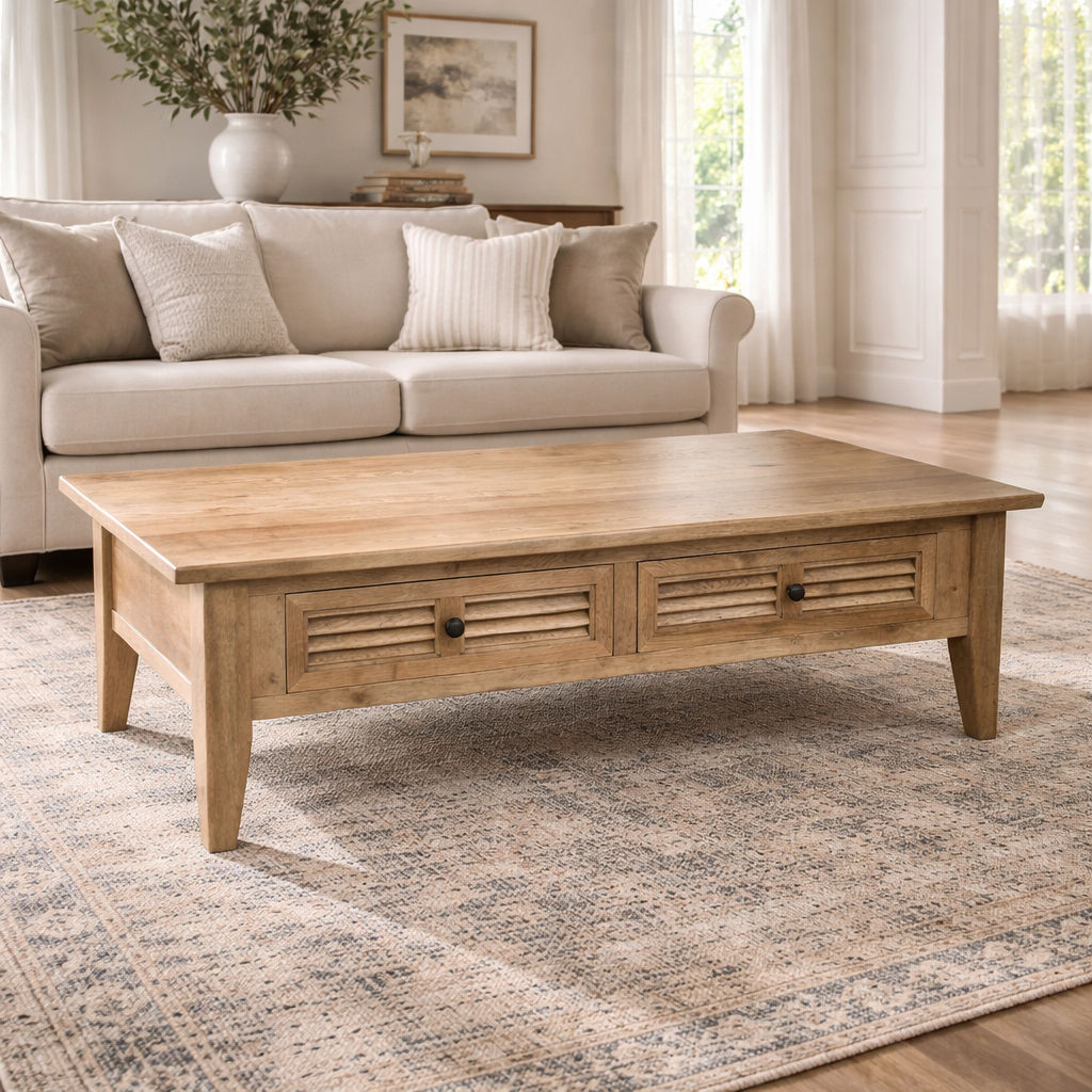 PALM BEACH 2 DRAWER COFFEE TABLE LOUVRE STYLE IN SOLID OAK - MyChocolateWood