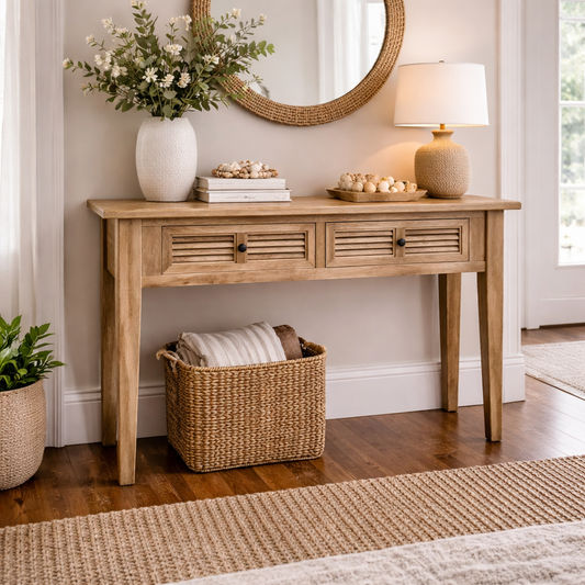 PALM BEACH LOUVRE STYLE 2 DRAWER HALL TABLE/CONSOLE TABLE IN SOLID OAK - MyChocolateWood