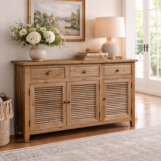 PALM BEACH BUFFET/SIDEBOARD 3 DOORS 3 DRAWERS LOUVRE STYLE SOLID OAK - MyChocolateWood