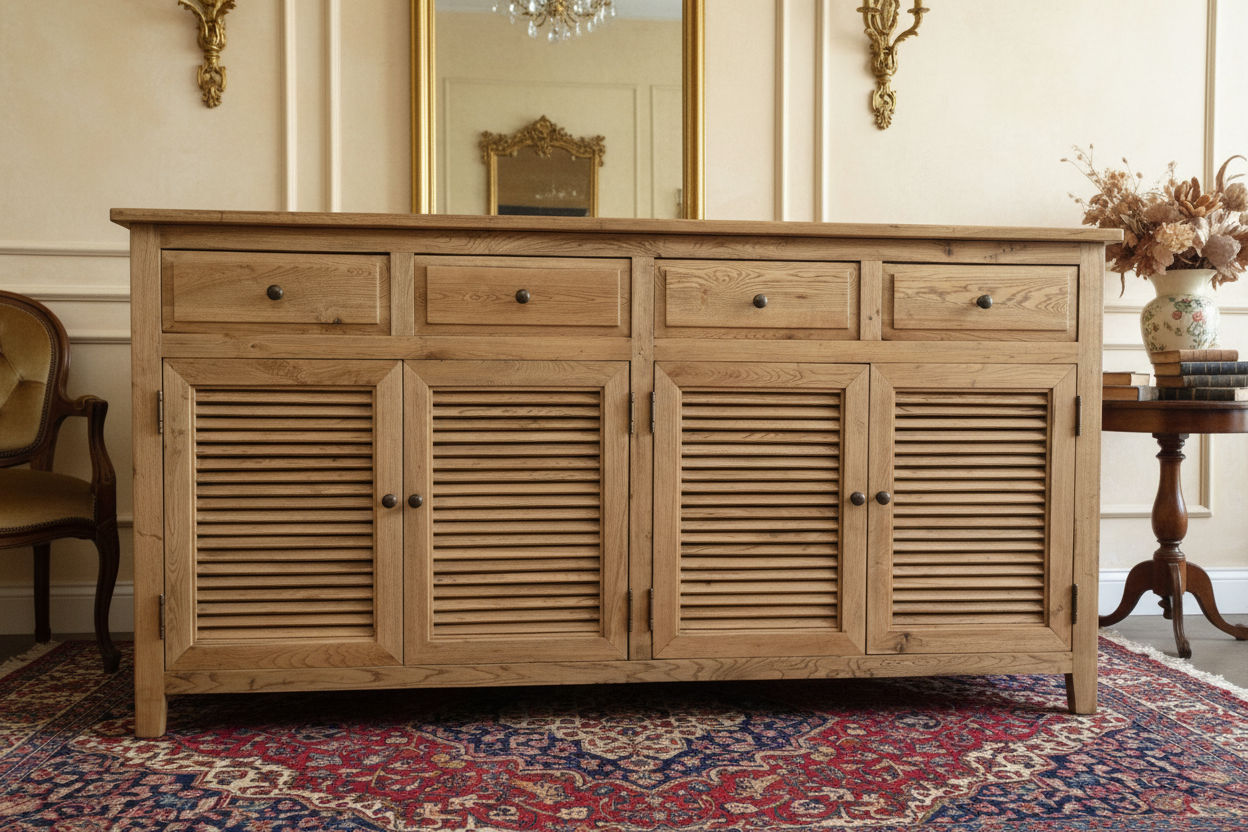 PALM BEACH BUFFET/SIDEBOARD 4 DOORS 4 DRAWERS LOUVRE STYLE IN SOLID OAK - MyChocolateWood