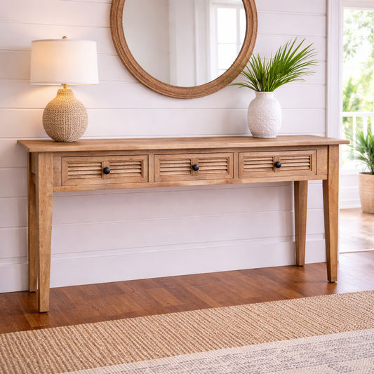 PALM BEACH SOLID OAK LOUVRE STYLE HALL TABLE/CONSOLE TABLE 3 DRAWERS  IN SOLID OAK - MyChocolateWood