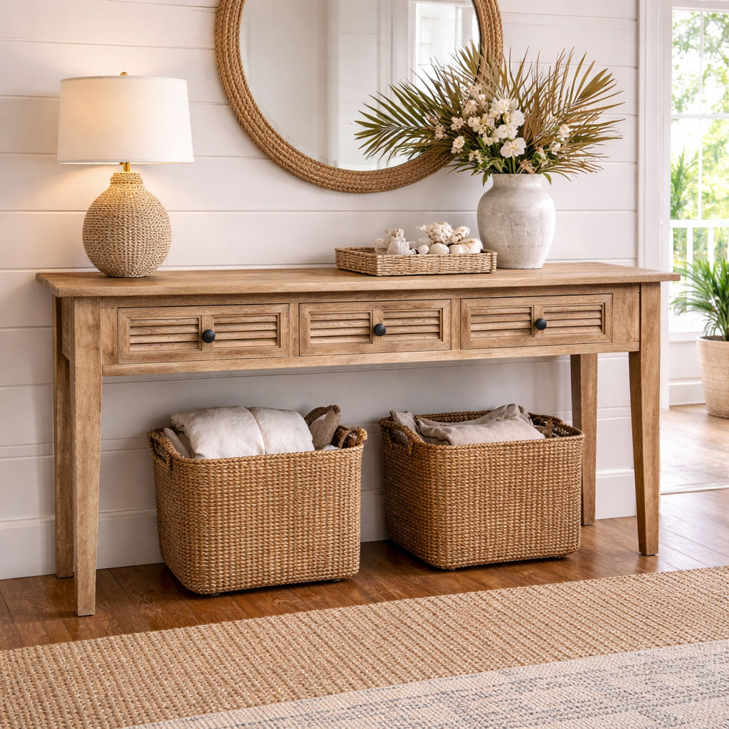 PALM BEACH SOLID OAK LOUVRE STYLE HALL TABLE/CONSOLE TABLE 3 DRAWERS  IN SOLID OAK - MyChocolateWood