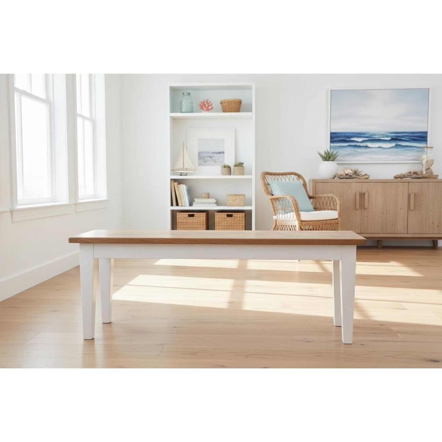 Tara Solid Oak Bench, natural top with white legs - Chocolate Wood