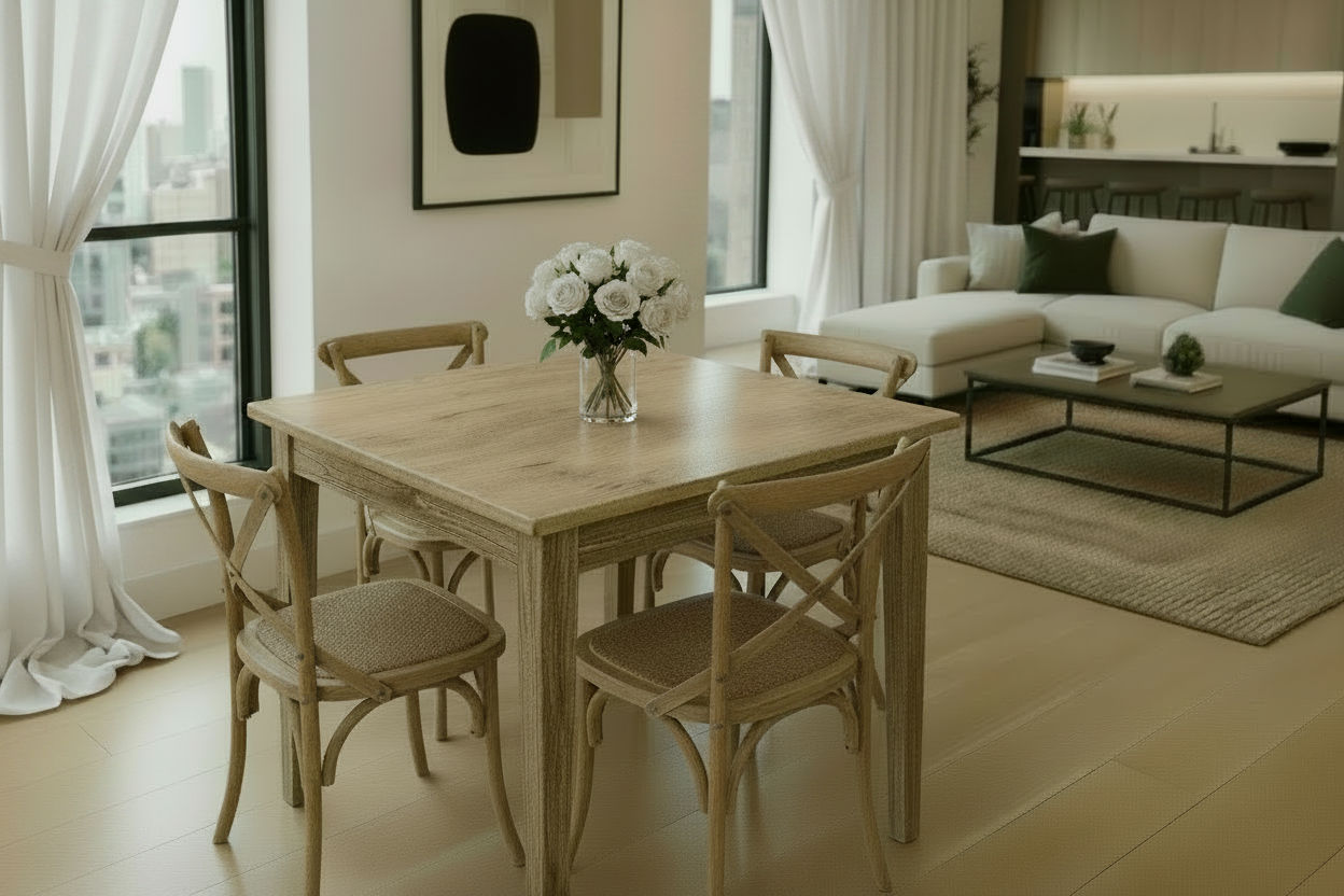 TARA SOLID OAK SQUARE DINING TABLE (90 X 90) NATURAL + 4 MELROSE SOLID OAK CROSSBACK CHAIRS NATURAL (Copy) - MyChocolateWood