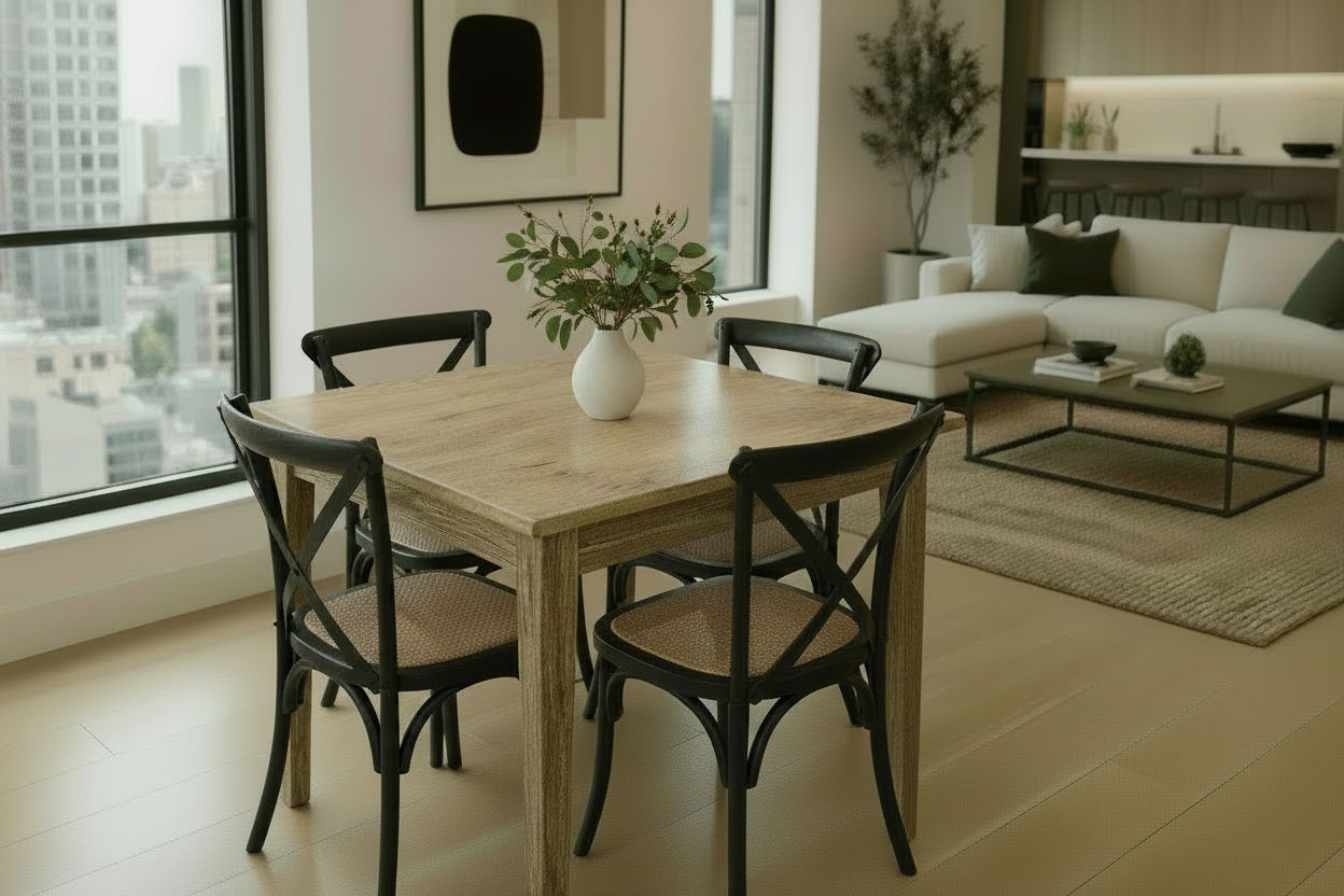 TARA SOLID OAK SQUARE DINING TABLE (90 X 90) NATURAL + 4 MELROSE SOLID OAK CROSSBACK CHAIRS BLACK - MyChocolateWood